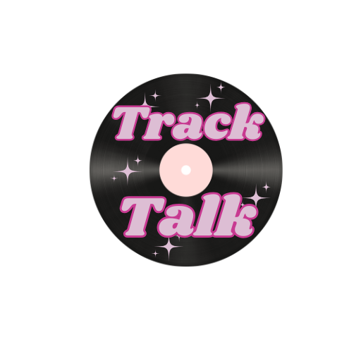 Black Vinyl Record Labelled Track Talk with Pink Sparkles and pink text 